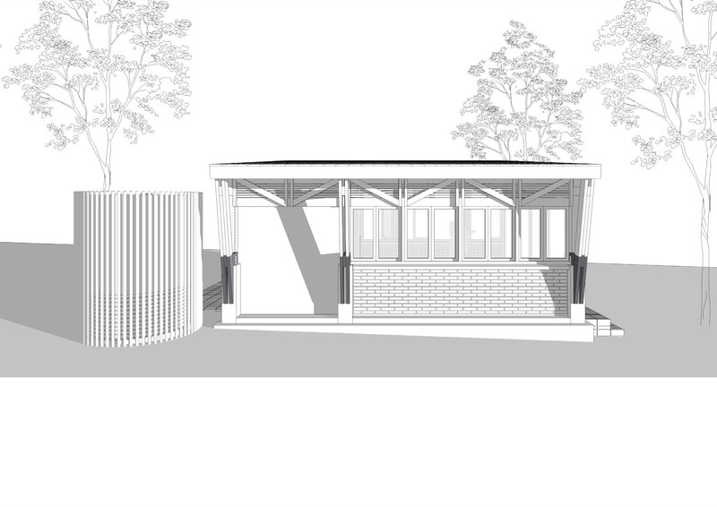 Section drawing showing exposed timber roof trusses and vertical bamboo screen at entry