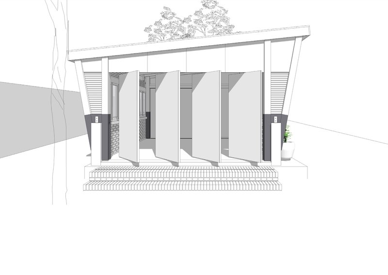 Front elevation sketch showing the portal frame structure with sloped roof and horizontal louvers
