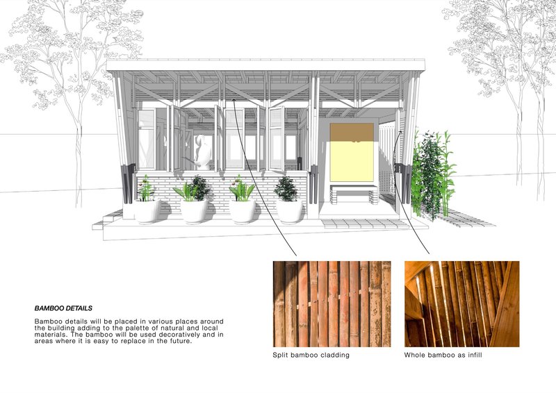 Perspective sketch showing front elevation with exposed bamboo ceiling structure and planted entry planters