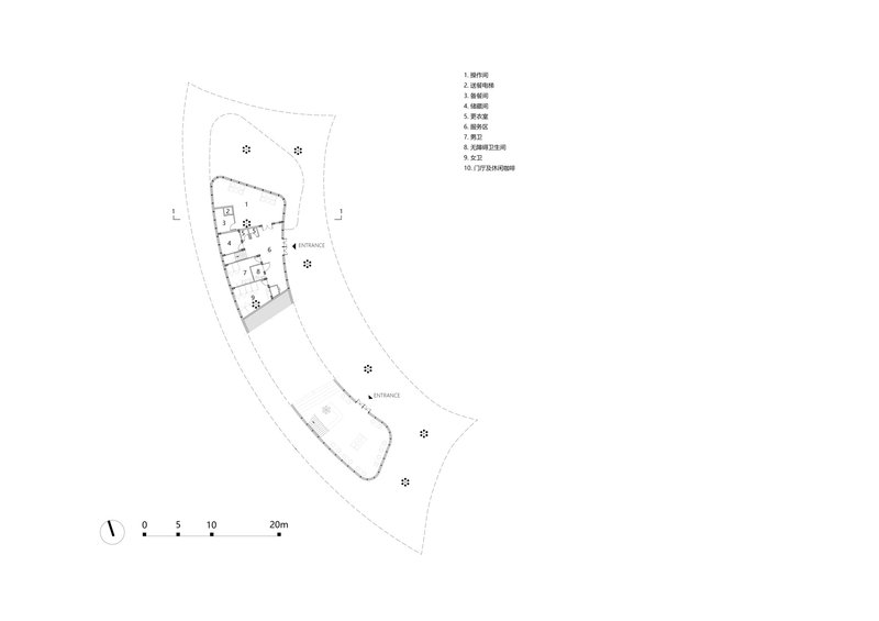 Site plan drawing showing a building footprint within an elongated curved boundary plot