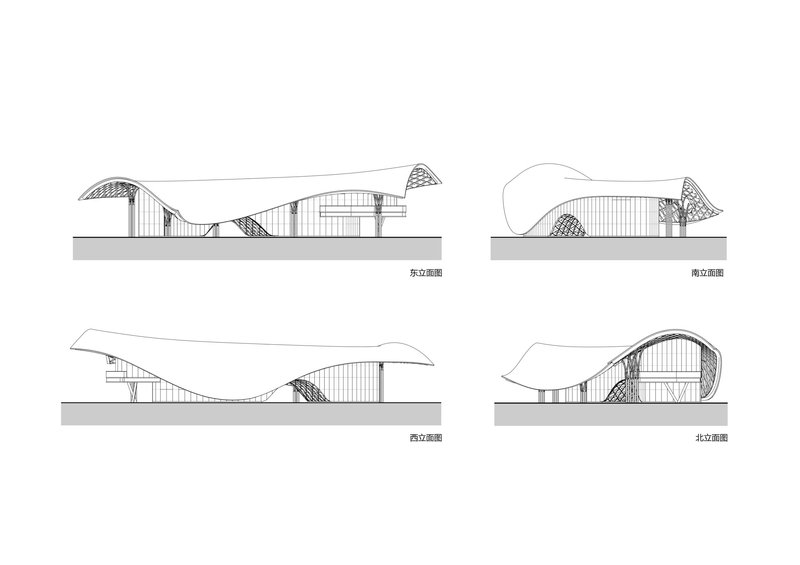 Elevation drawings showing four facades with undulating roof forms and vertical fenestration patterns