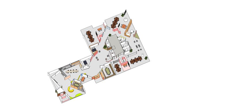 Axonometric drawing showing furniture layout and material zones across two connected rectangular volumes