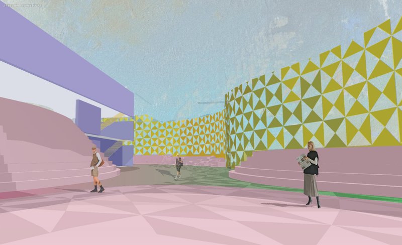 Ground-level experience integrating water, light, and passive environmental systems