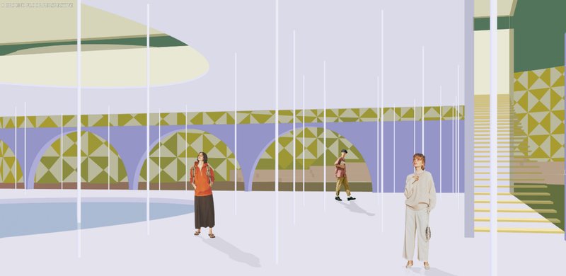 Courtyard perspective emphasizing human interaction within a climate-responsive shell