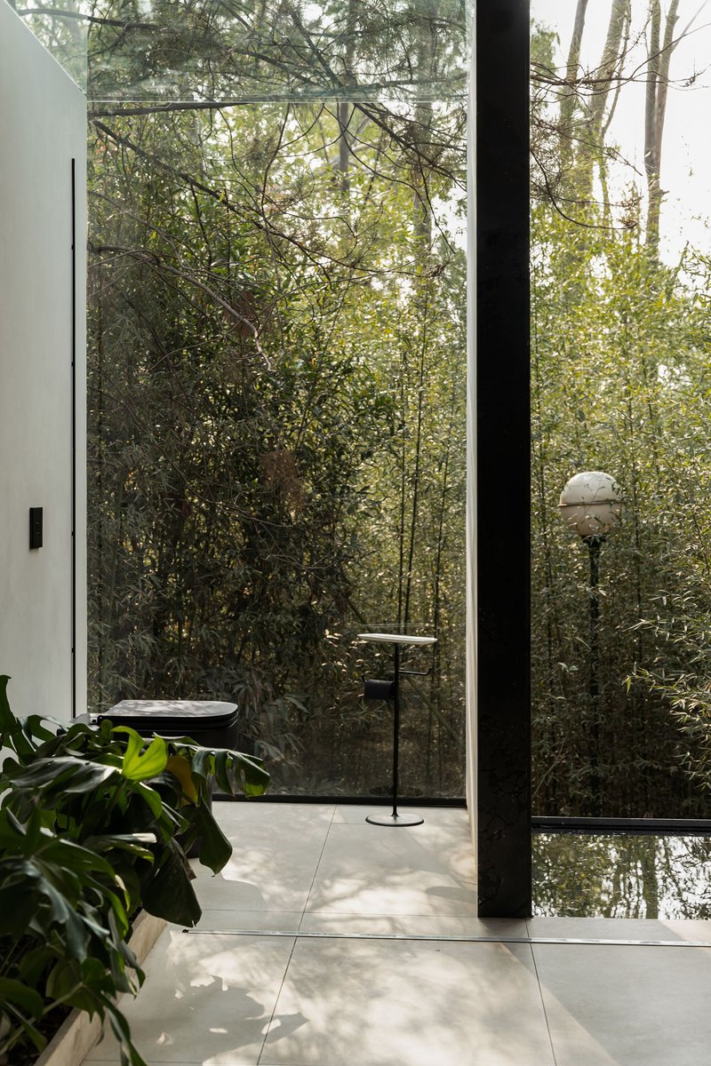 Floor-to-ceiling glazing opening to a forested landscape with afternoon light filtering through the trees