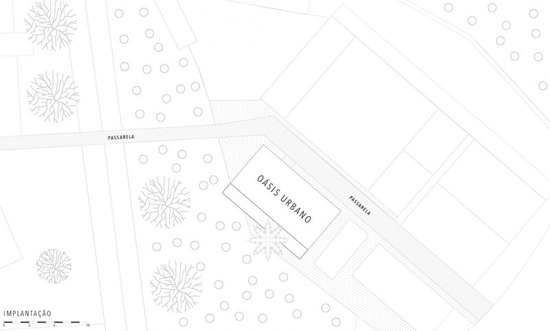 Site plan drawing showing the building footprint within surrounding landscape and street context with tree placements
