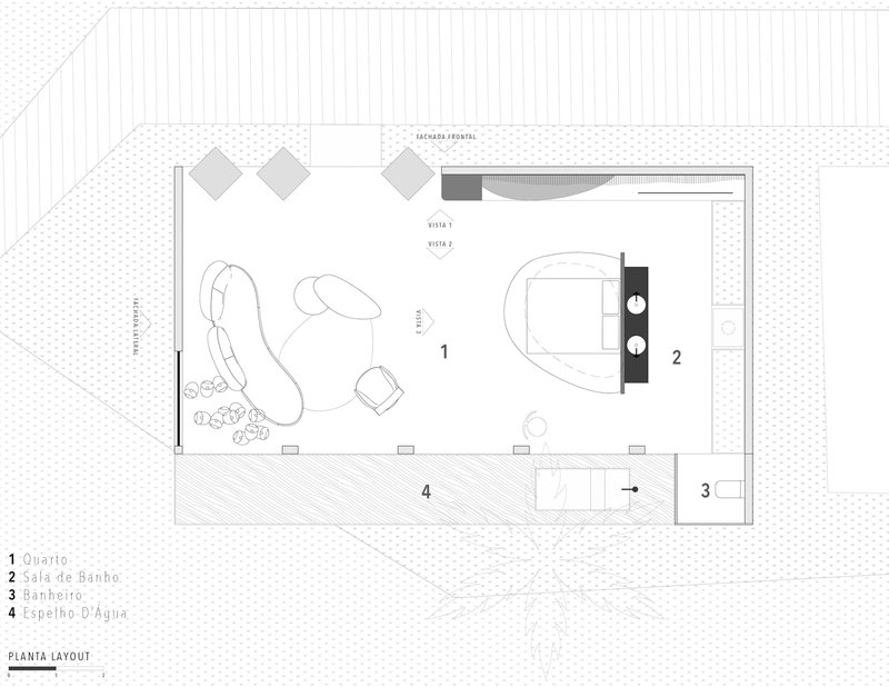Floor plan drawing depicting four labeled zones including bedroom, bathroom, and water feature with furniture layouts