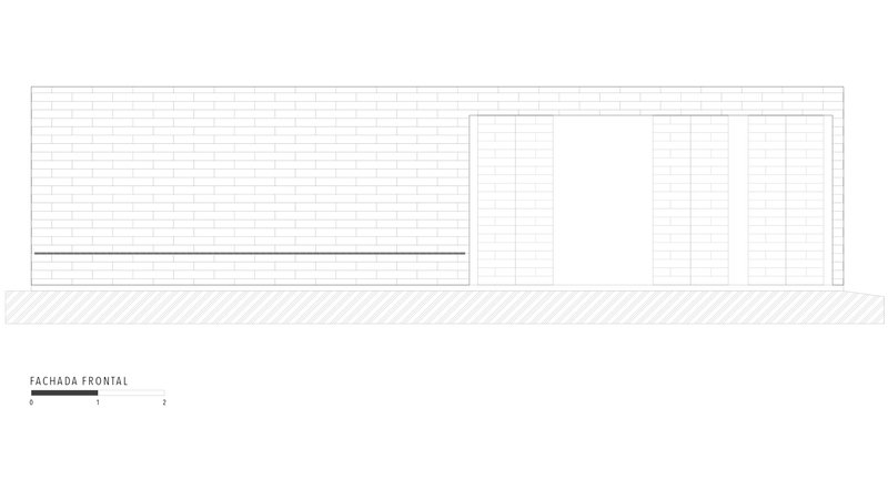 Front elevation drawing showing horizontal timber board wall and door opening with ground line indicated