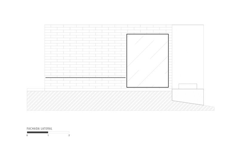 Lateral elevation drawing showing a brick wall with a recessed glazed opening above ground level