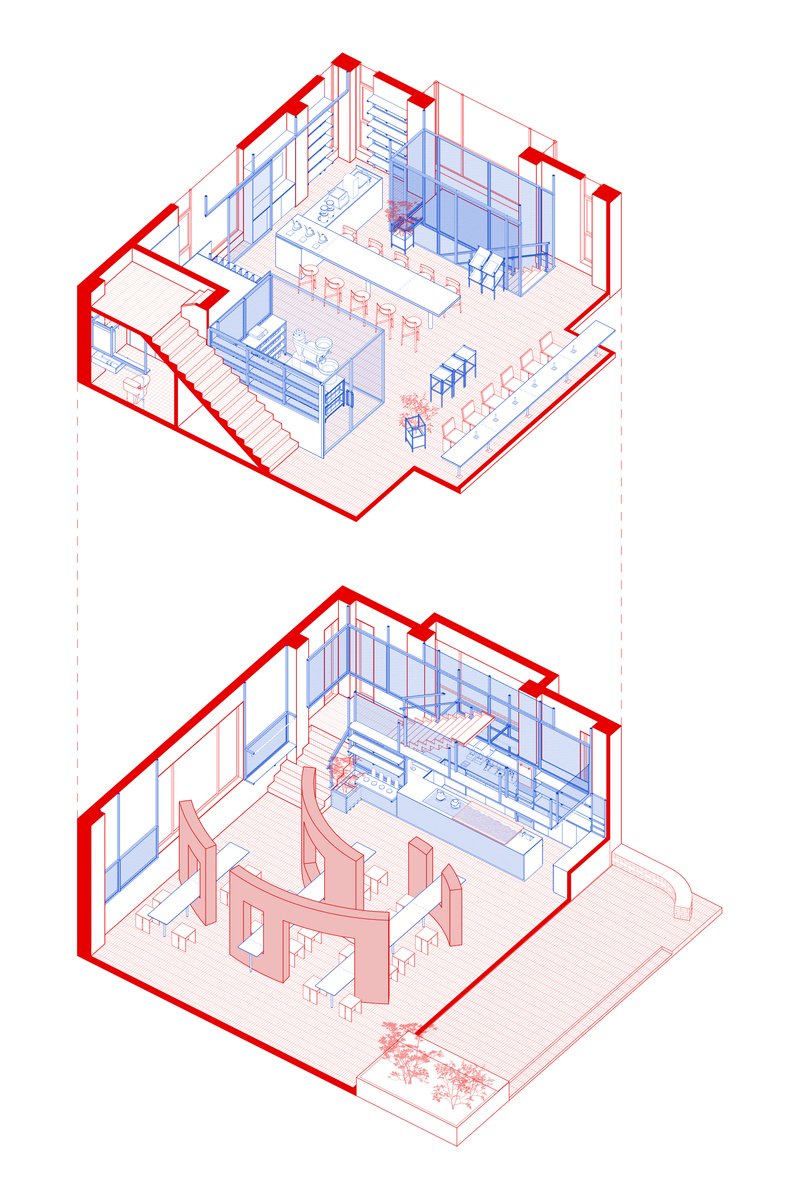 Axonometric drawing showing two levels with interior partitions, furniture layout and an exterior terrace