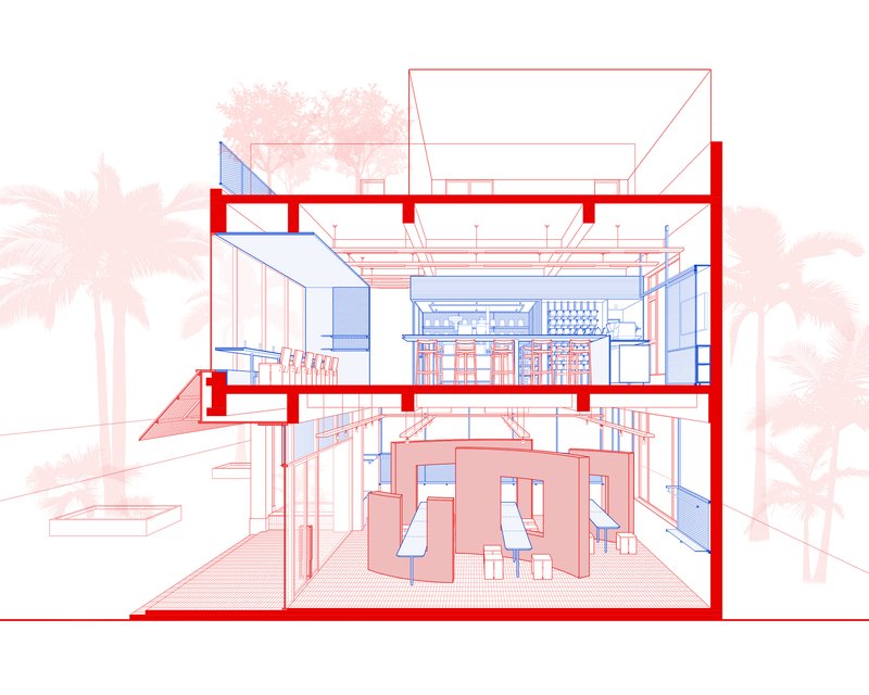 Section drawing showing a three-story residence with red structural frame and palm trees in the background