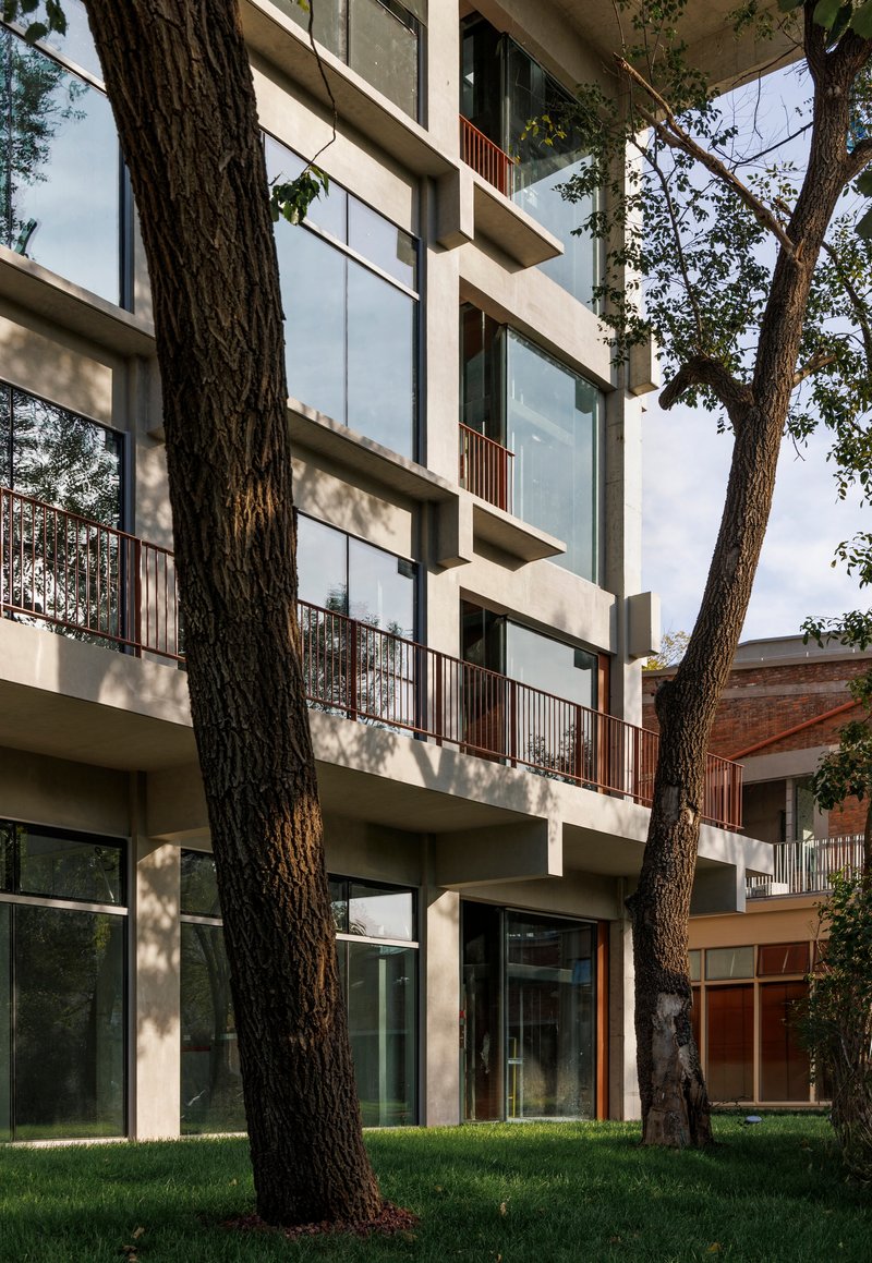 Garden facade with pilotis columns and stacked balconies framed by mature trees casting dappled shadows
