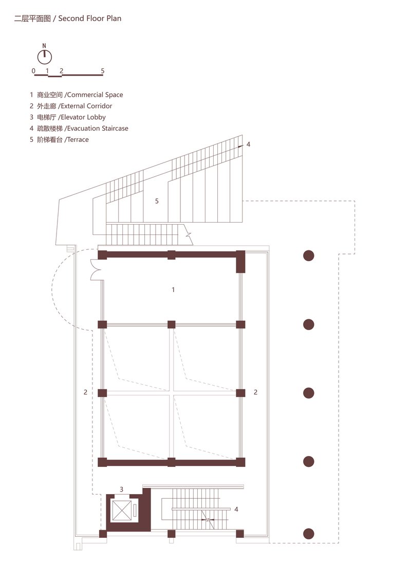 Second floor plan drawing showing commercial space with external corridor and evacuation staircase