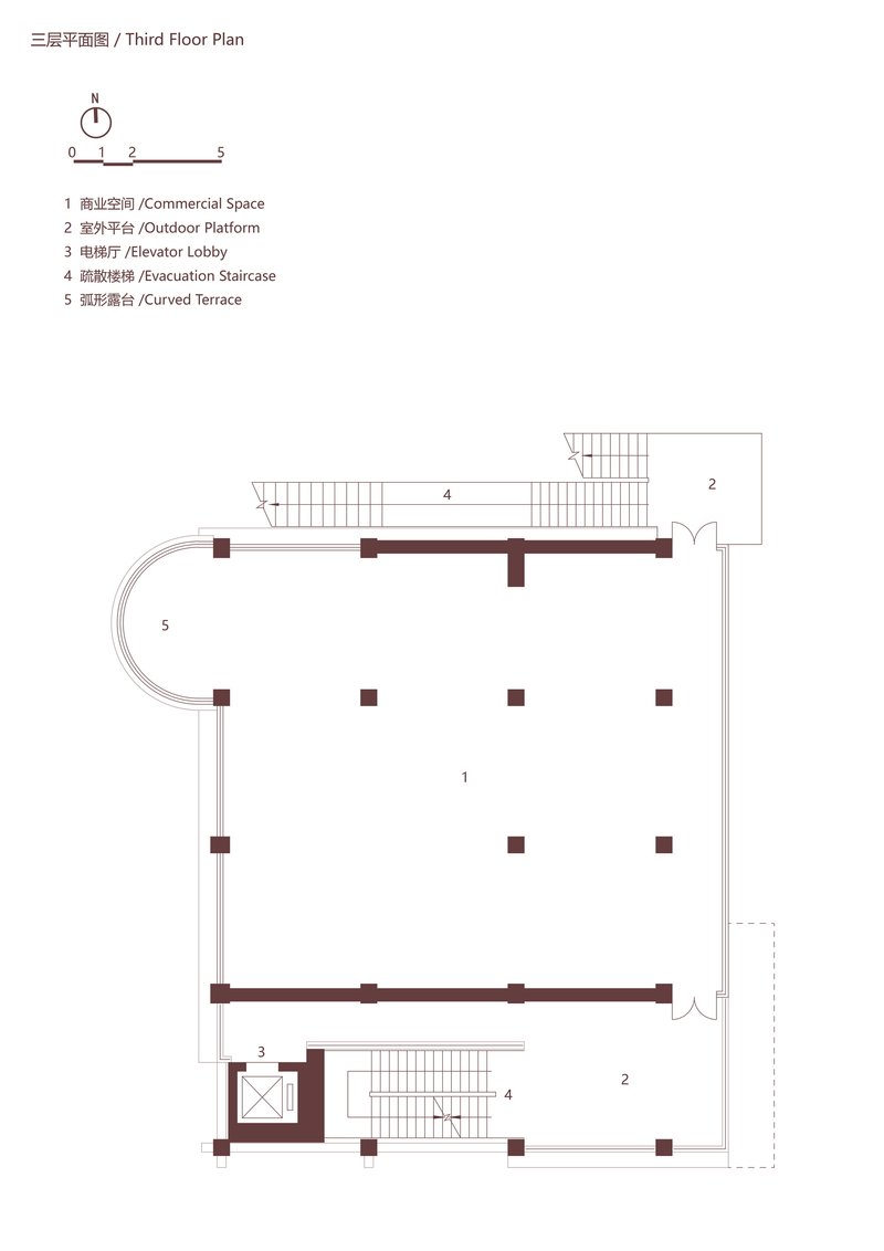 Third floor plan drawing showing commercial space with curved terrace and outdoor platform