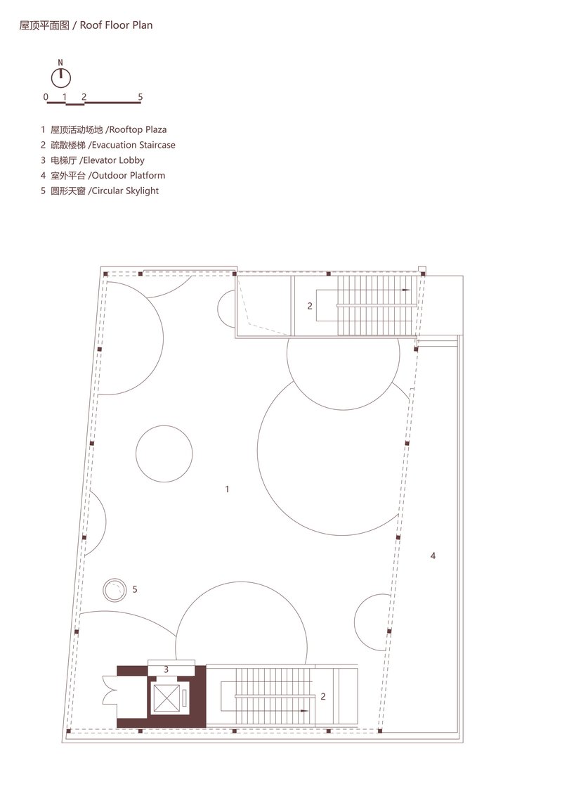 Roof plan drawing showing a rooftop plaza with circular skylights and an outdoor platform