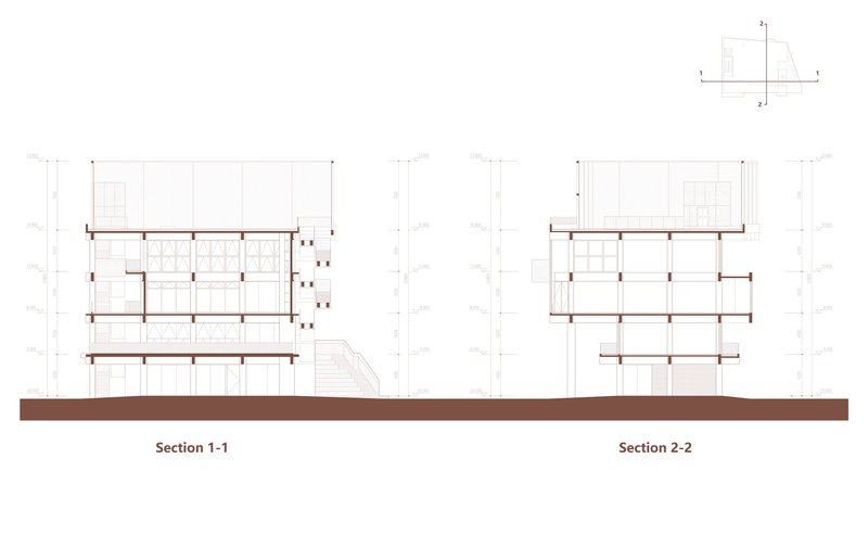Section drawings showing two cross sections through the multi-story structure with staircase and roof volumes