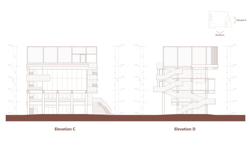 Elevation drawings depicting two facades with large glazed openings and visible stair circulation