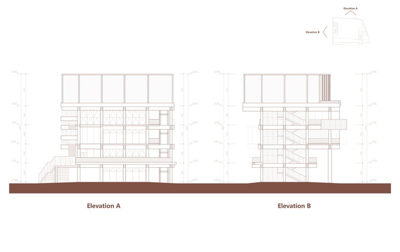 Elevation drawings showing two street facades with recessed balconies and external stair elements