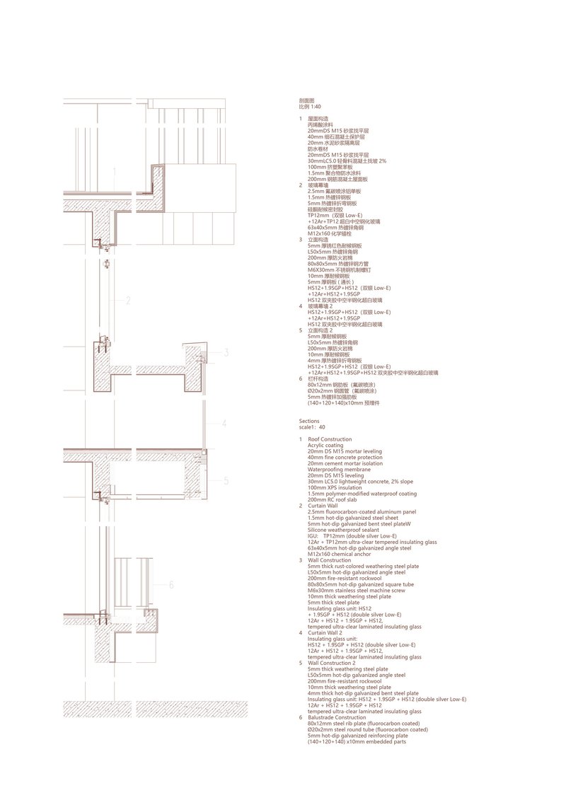 Wall section detail drawing showing the intersection of roof, facade, and floor slab construction