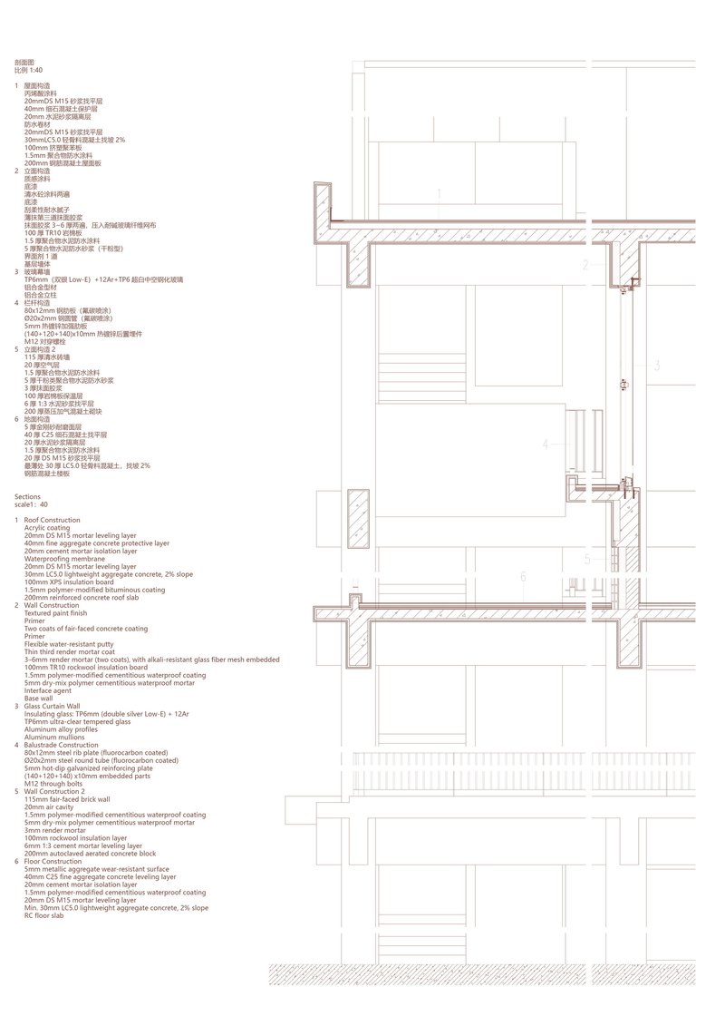Section drawing showing wall assembly details with layered insulation and waterproofing membranes