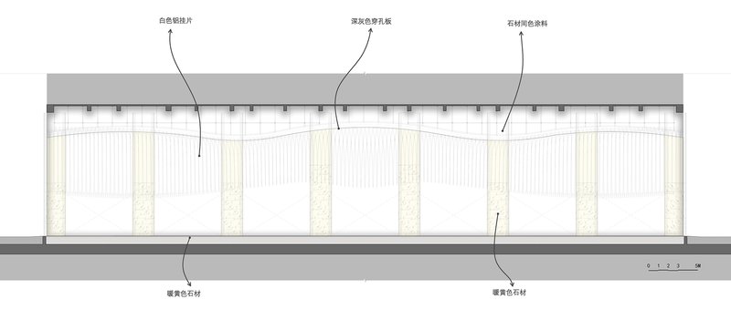 Elevation drawing showing the facade with vertical paneling and a flat roof canopy