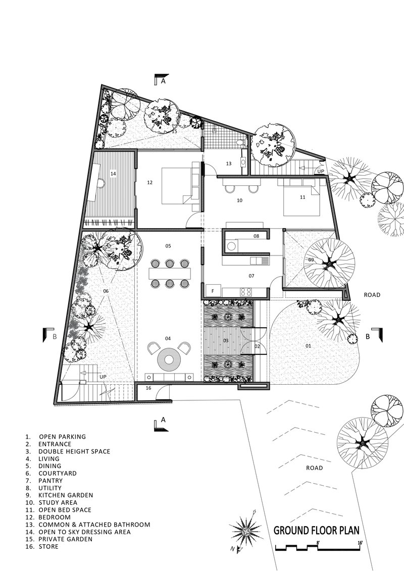 Ground floor plan showing an irregularly shaped residence with multiple courtyards, double-height space, and surrounding landscape