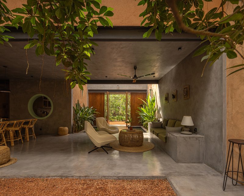 Open-plan living space with polished concrete floor and overhanging foliage from the upper level