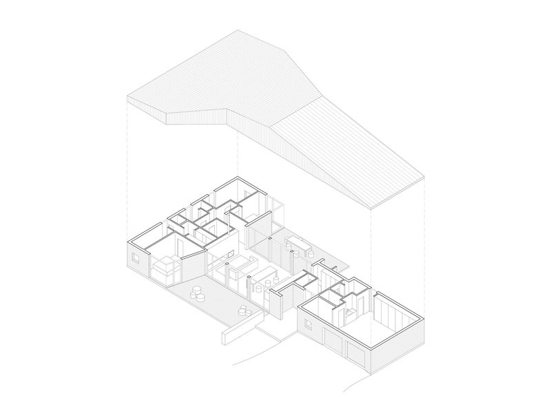 Exploded axonometric drawing revealing the interior room layout beneath the lifted roof assembly