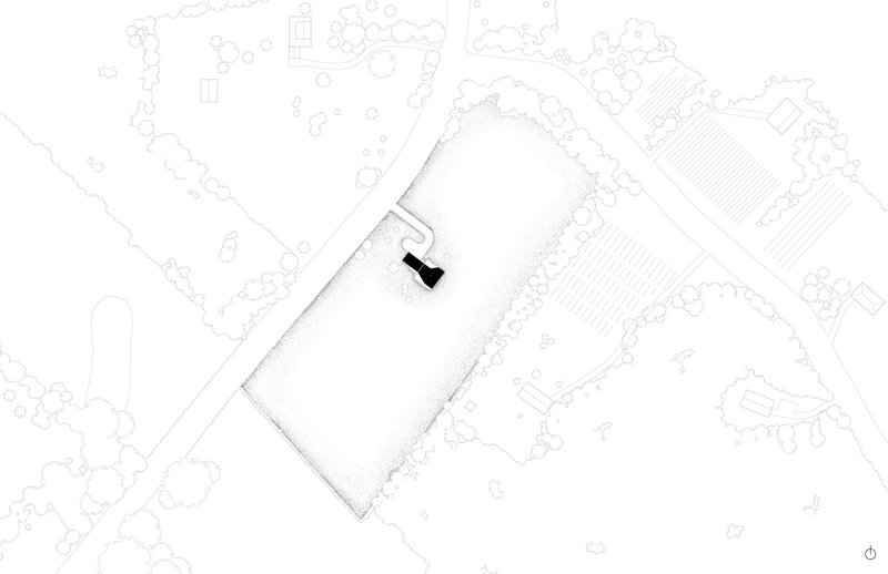 Site plan drawing showing the L-shaped building footprint surrounded by landscape contours and vegetation