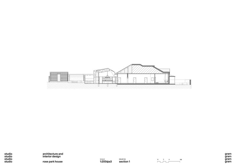 Section drawing showing a series of interconnected volumes with varying roof heights and internal spatial divisions