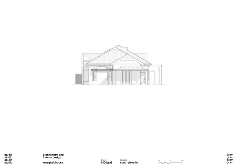 South elevation drawing showing a symmetrical facade with gabled roofs and centered vertical window openings