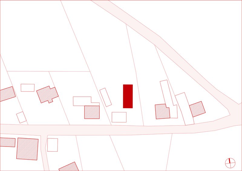Site plan drawing showing rectangular building footprint highlighted in red among neighboring structures and property lines