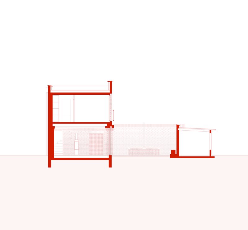 Section drawing showing two-story brick volume connected to single-story wing with exposed structural elements in red