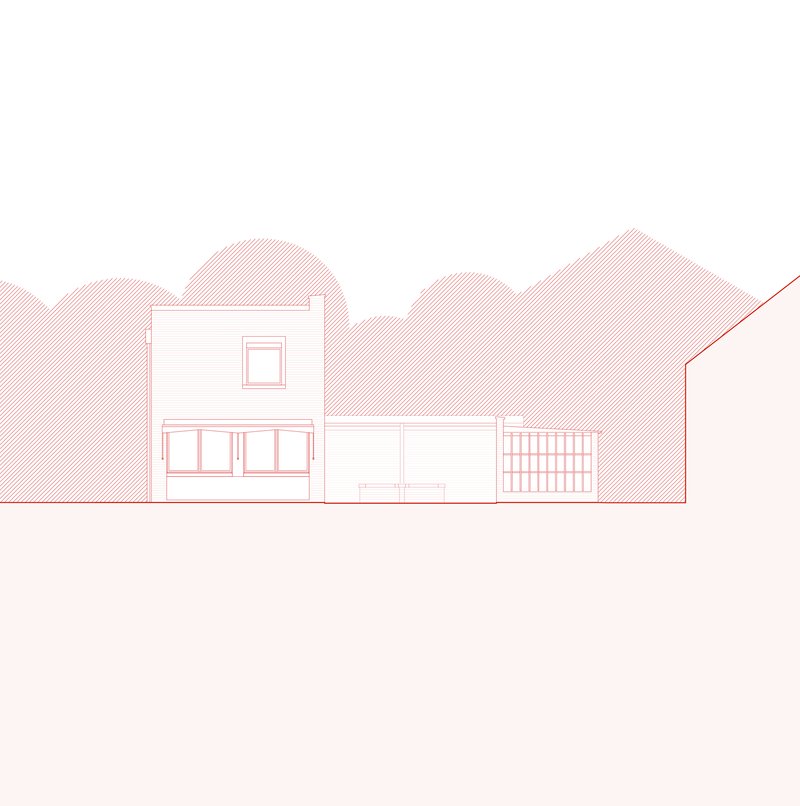 Elevation drawing showing a two-story volume with windows and a gridded section against hatched tree canopies