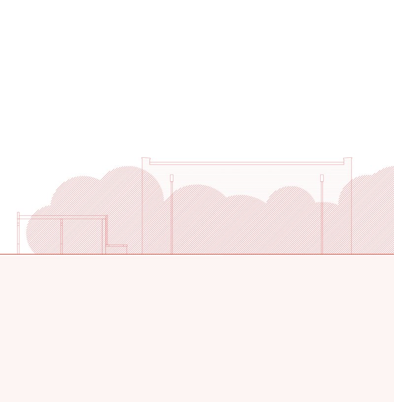 Section drawing depicting a flat-roofed structure nestled among rendered tree forms with hatched shading