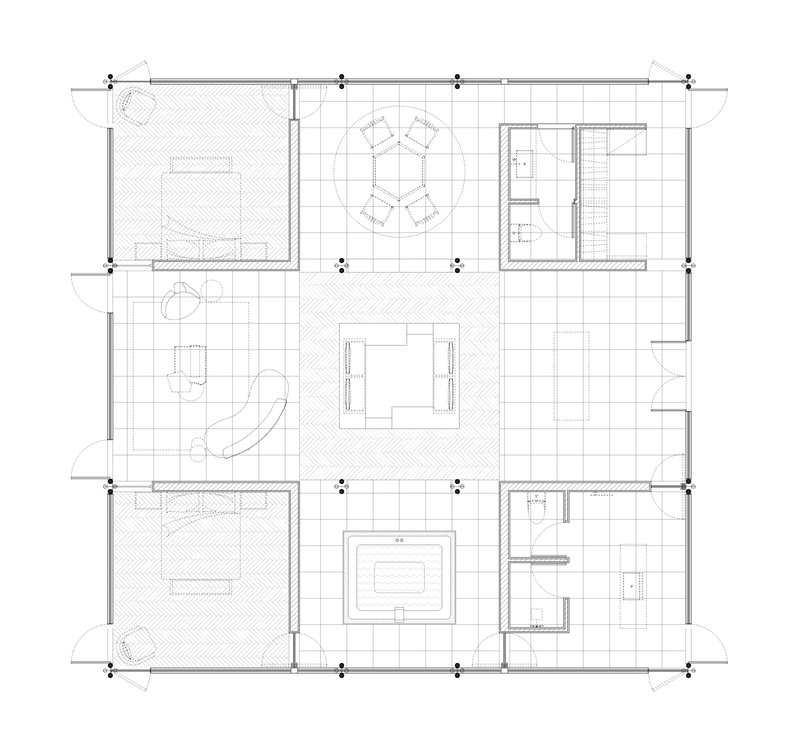 Floor plan drawing showing rooms arranged around a central open space with structural grid and furniture layout indicated