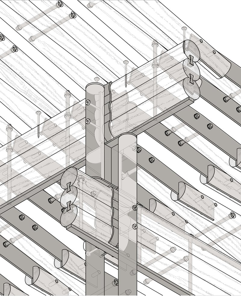 Axonometric detail drawing of the timber joint connections with metal brackets and decking above