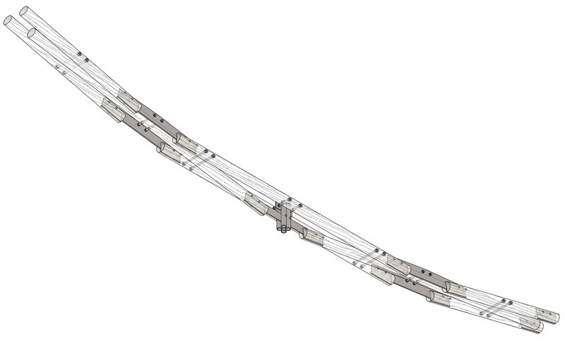 Axonometric drawing of a single curved roof beam showing the structural assembly and connection plates