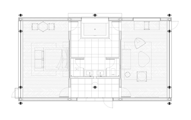 Floor plan drawing showing two open rooms flanking a central bathroom and kitchen zone