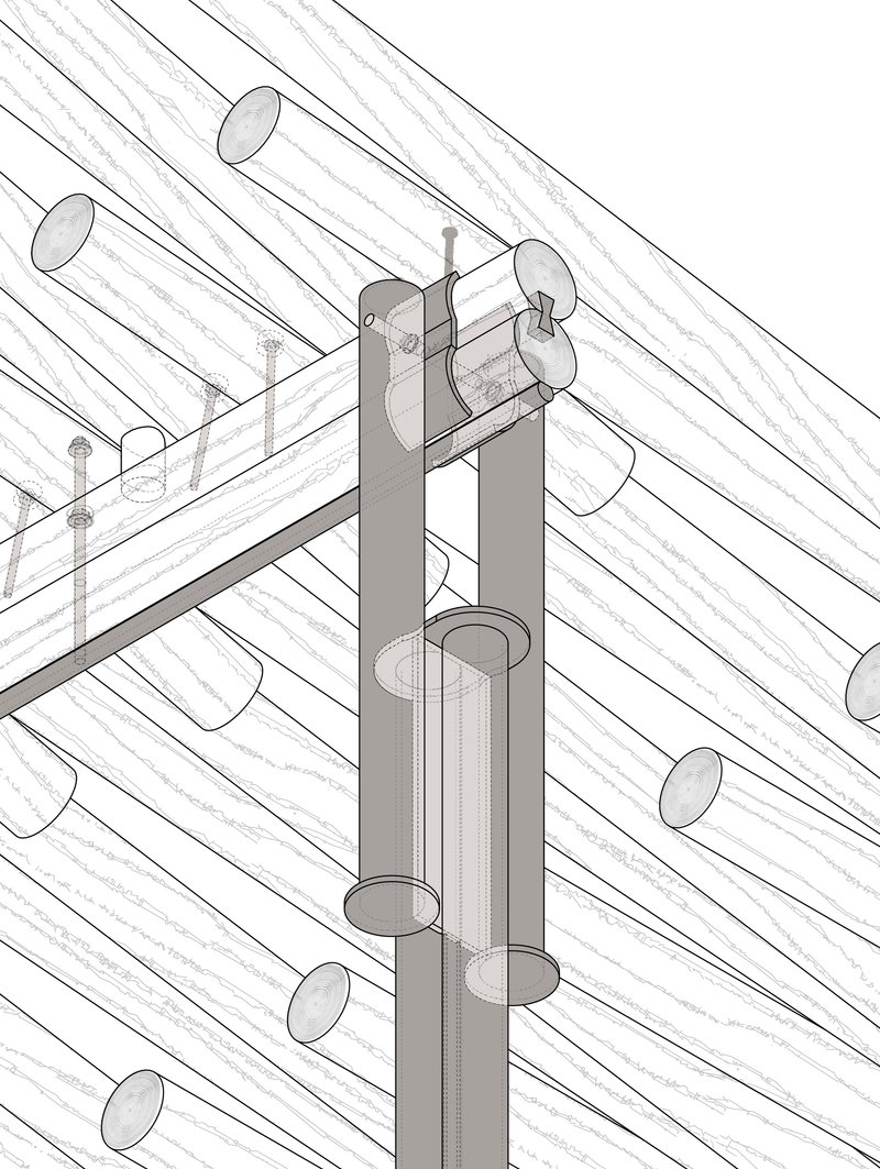 Detail drawing of a column bracket connection to tubular roof members and support beams