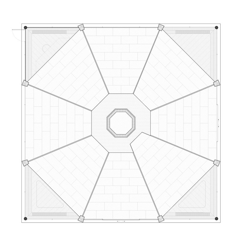 Plan drawing depicting six angled roof planes arranged around a central octagonal void