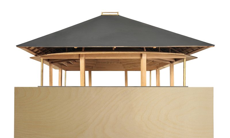 Elevation rendering of the pavilion with dark overhanging roof and exposed timber columns