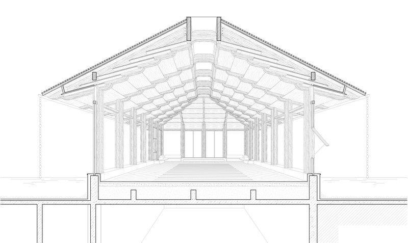 Section drawing through the interior hall with exposed timber beams and coffered ceiling structure