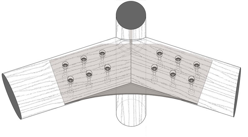 Detail drawing of angled timber beam connection to cylindrical column with through-bolts and metal plate
