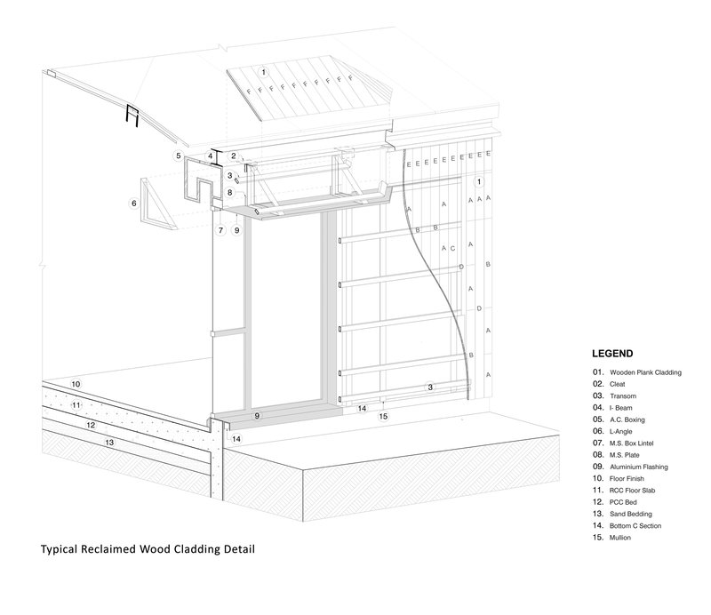 Isometric detail drawing of reclaimed wood cladding assembly with transom and labeled material components