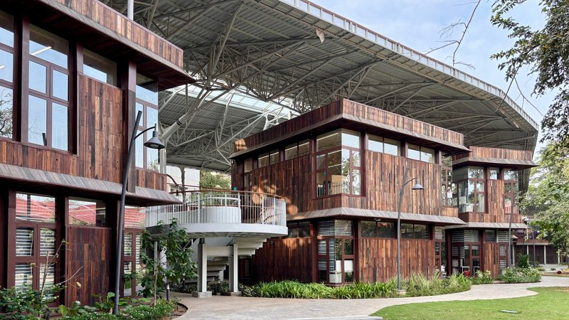 Timber-clad facade with balconies and glazing beneath the overhanging space frame structure