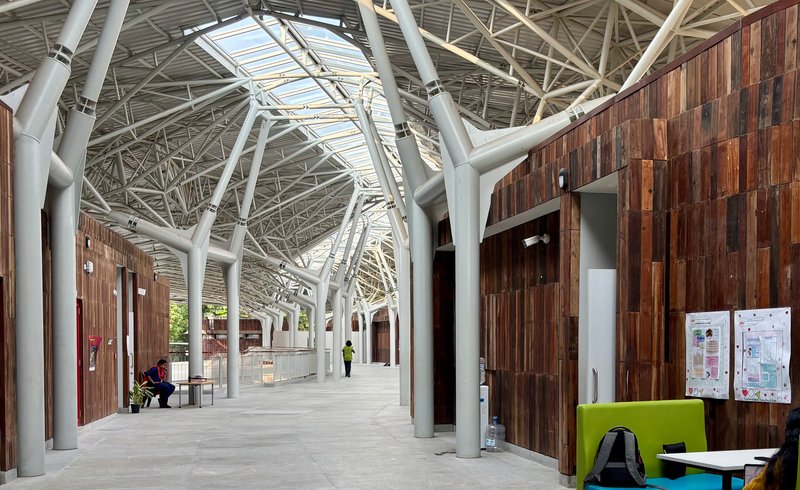 Interior corridor with white steel space frame overhead and timber-clad volumes with a person seated