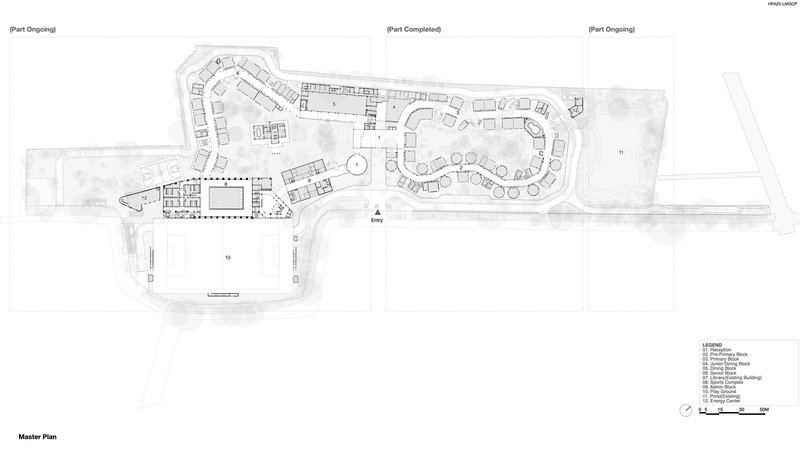 Master plan drawing showing the campus layout with curved blocks and outdoor spaces