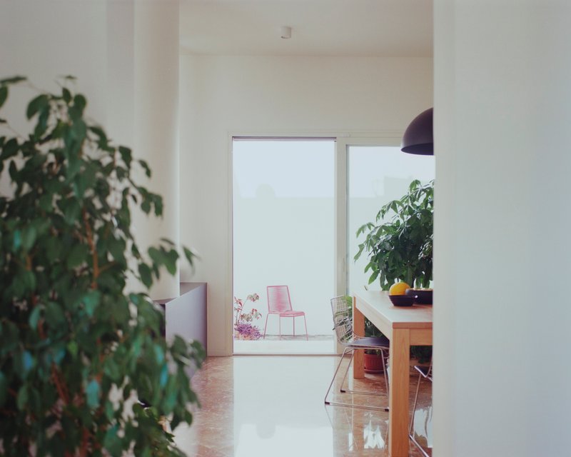 Interior hallway view through open doorway to sunlit patio with potted plants and pendant lamp