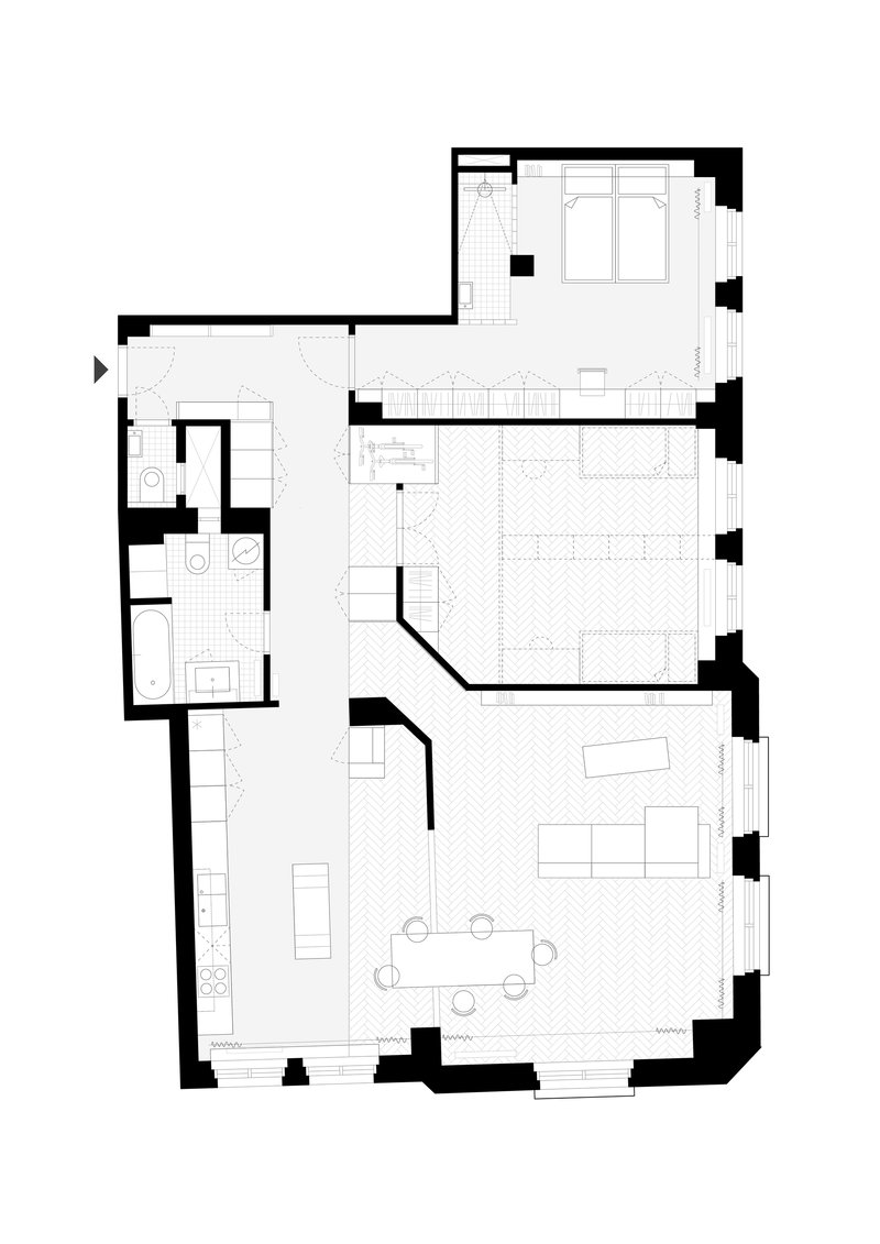 Floor plan drawing showing an L-shaped apartment with open living area and bedrooms in separate wings